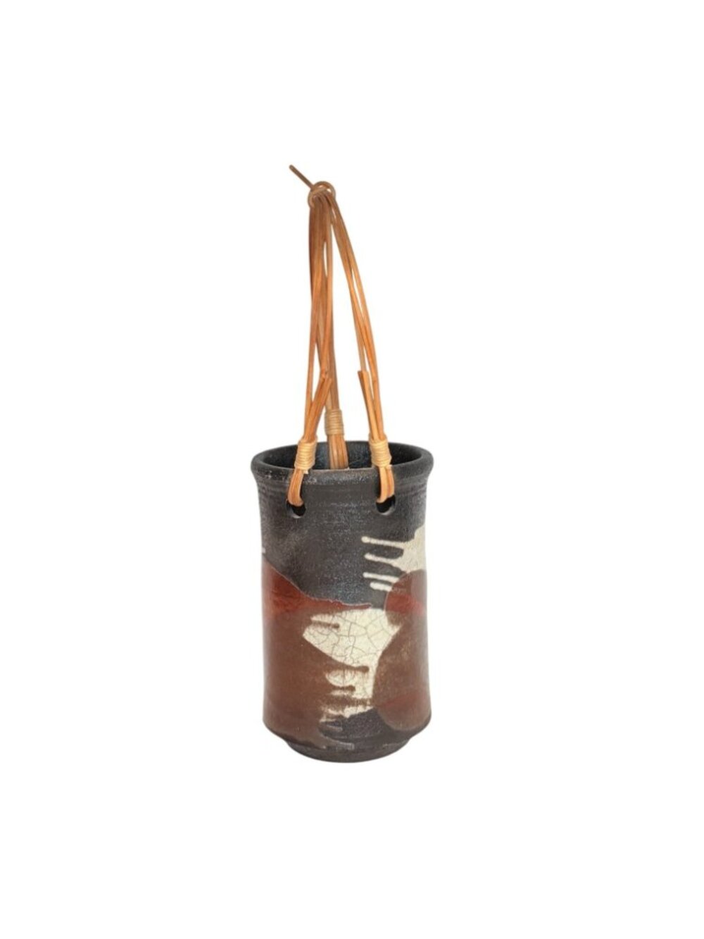 Warren Andrade Raku Pottery Vase 1999 Bamboo Handle Hawaii Artist 12"H w/ handle - Picture 4 of 8